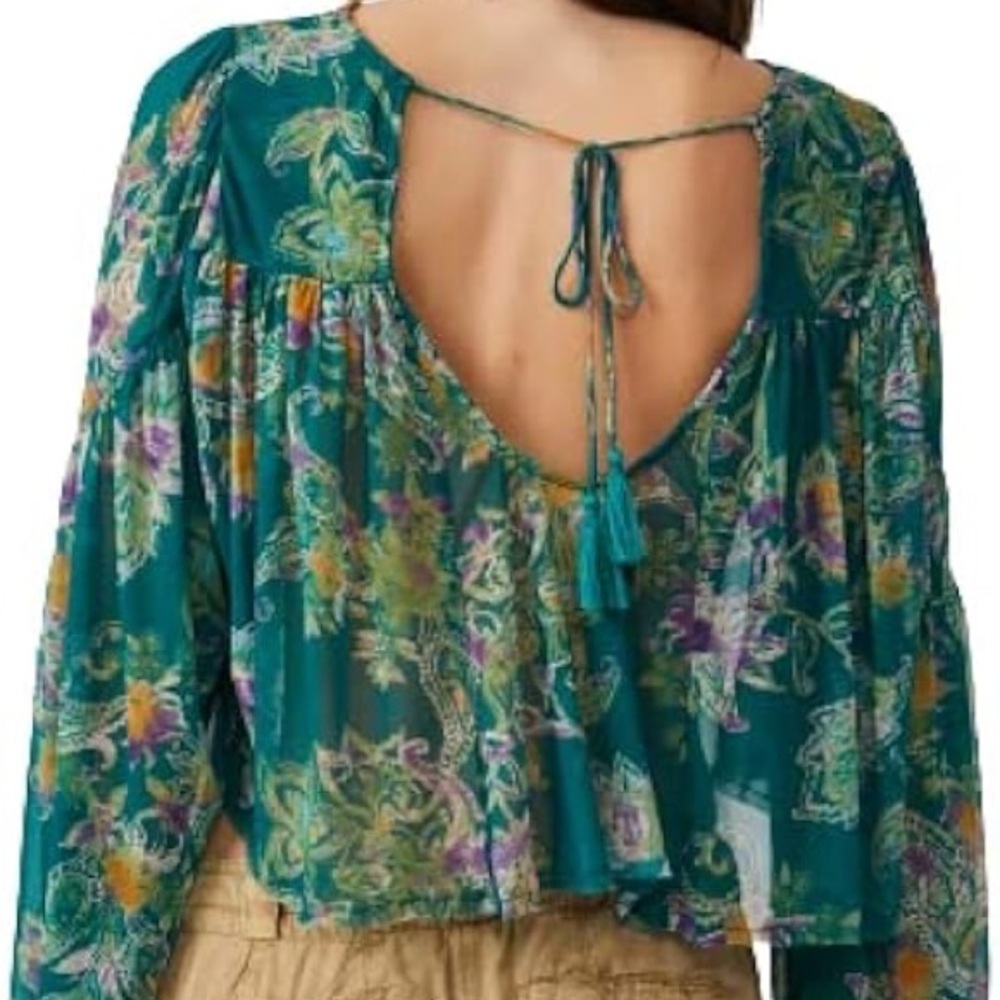 Free People Green Long Sleeve Crop Blouse